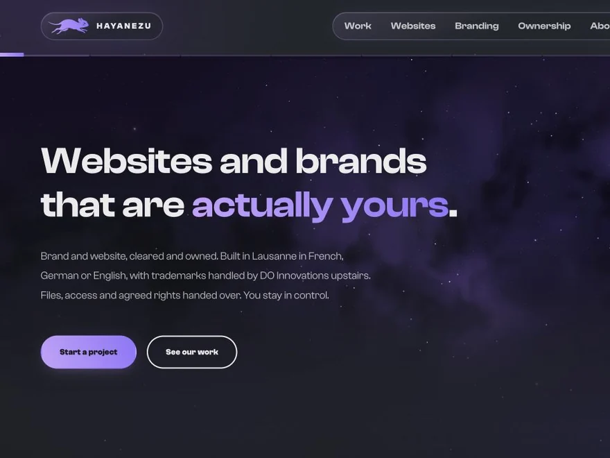 Hayanezu homepage with a purple galaxy and its branding and website headline