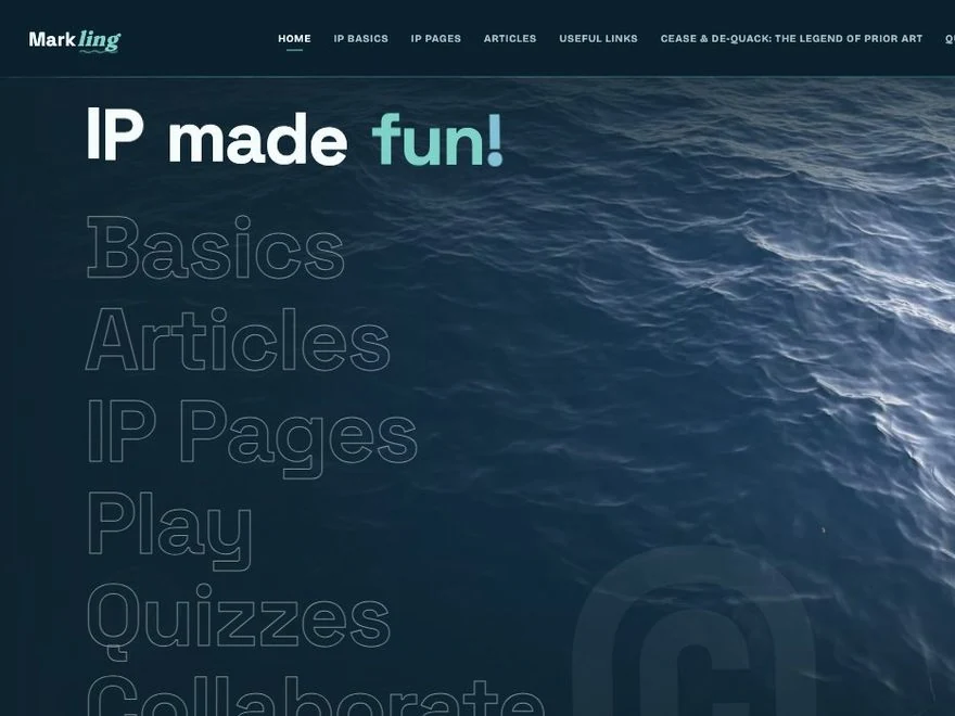 Markling homepage with its ocean imagery and IP made fun headline