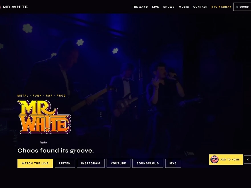 Mr.Wh!te website with the band on stage and its yellow logo